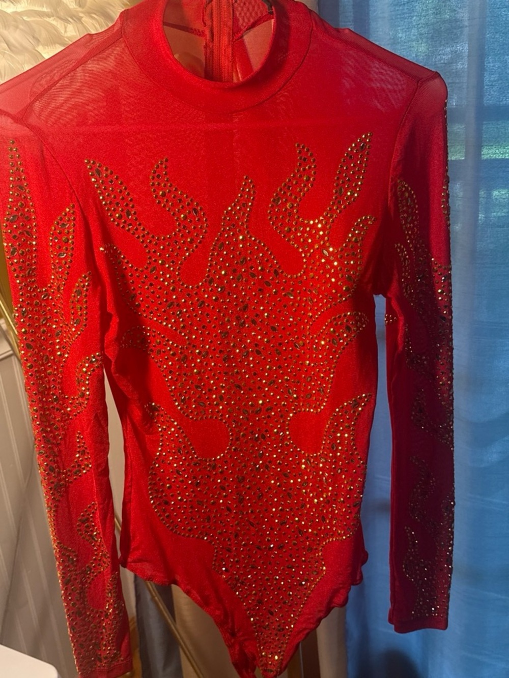 Red Embellished Flame Mesh Long-Sleeve Bodysuit